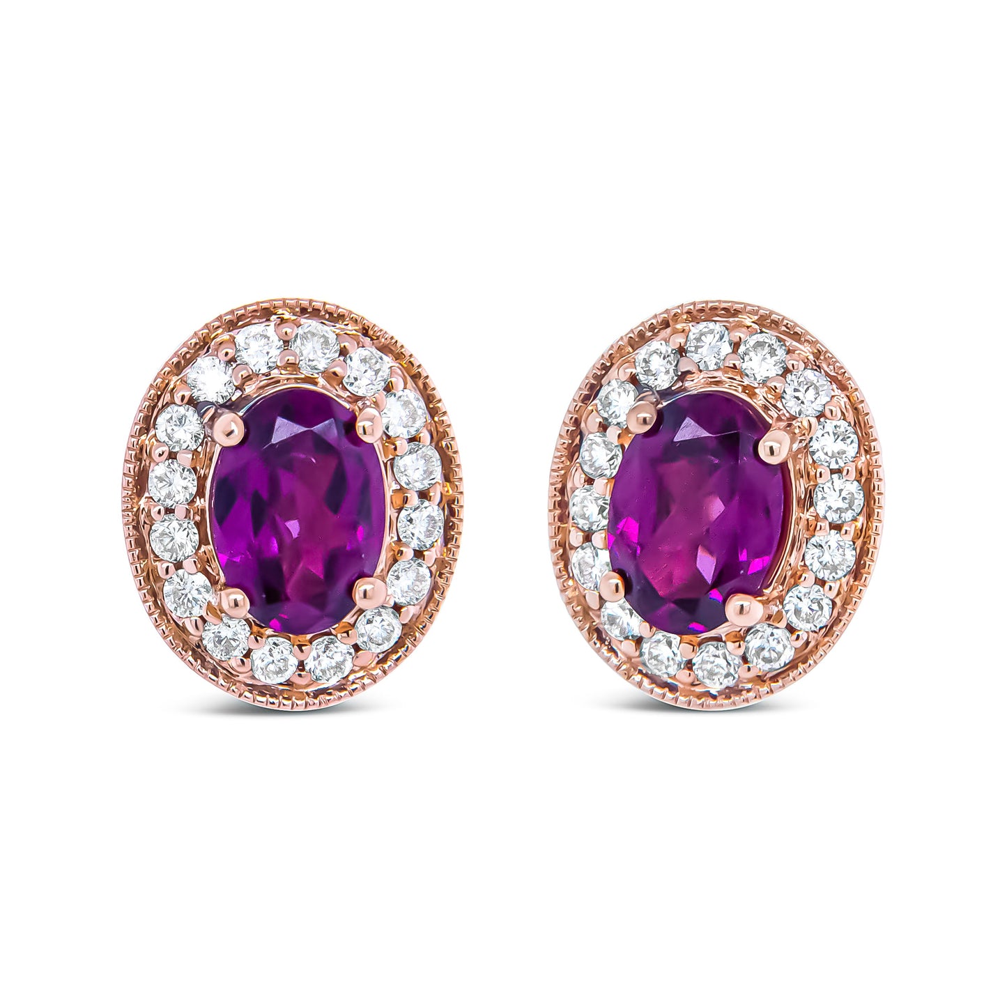 14K Rose Gold 7X5mm Oval Cut Garnet And 3/8 Cttw Round Diamond Halo Stud Earrings (G-H Color, Si1-Si2 Clarity)