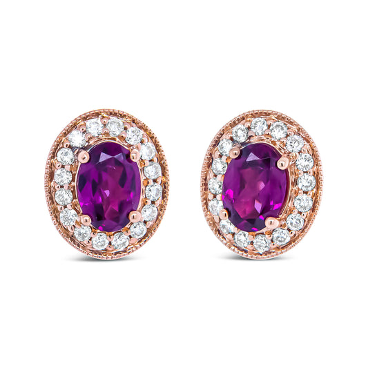 14K Rose Gold 7X5mm Oval Cut Garnet And 3/8 Cttw Round Diamond Halo Stud Earrings (G-H Color, Si1-Si2 Clarity)