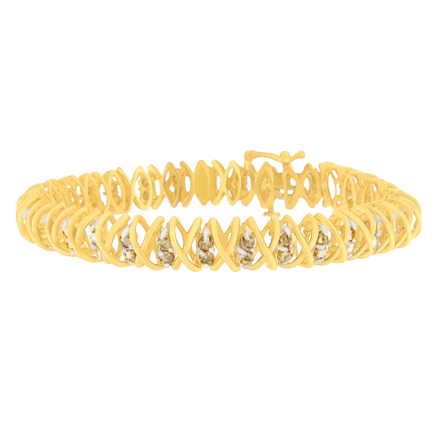 10K Yellow Gold Round Cut Champagne Diamond Interlocking Diamond Bracelet (4.00 Cttw, J-K Color, I2-I3 Clarity)