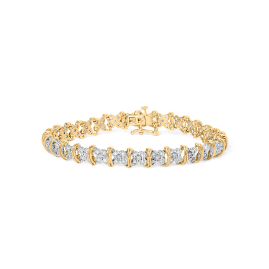10K Yellow Gold Plated .925 Sterling Silver 2.0 Cttw Round Diamond Cluster "X" Shaped Link Bracelet (H-I Color, I3 Clarity) - 7"