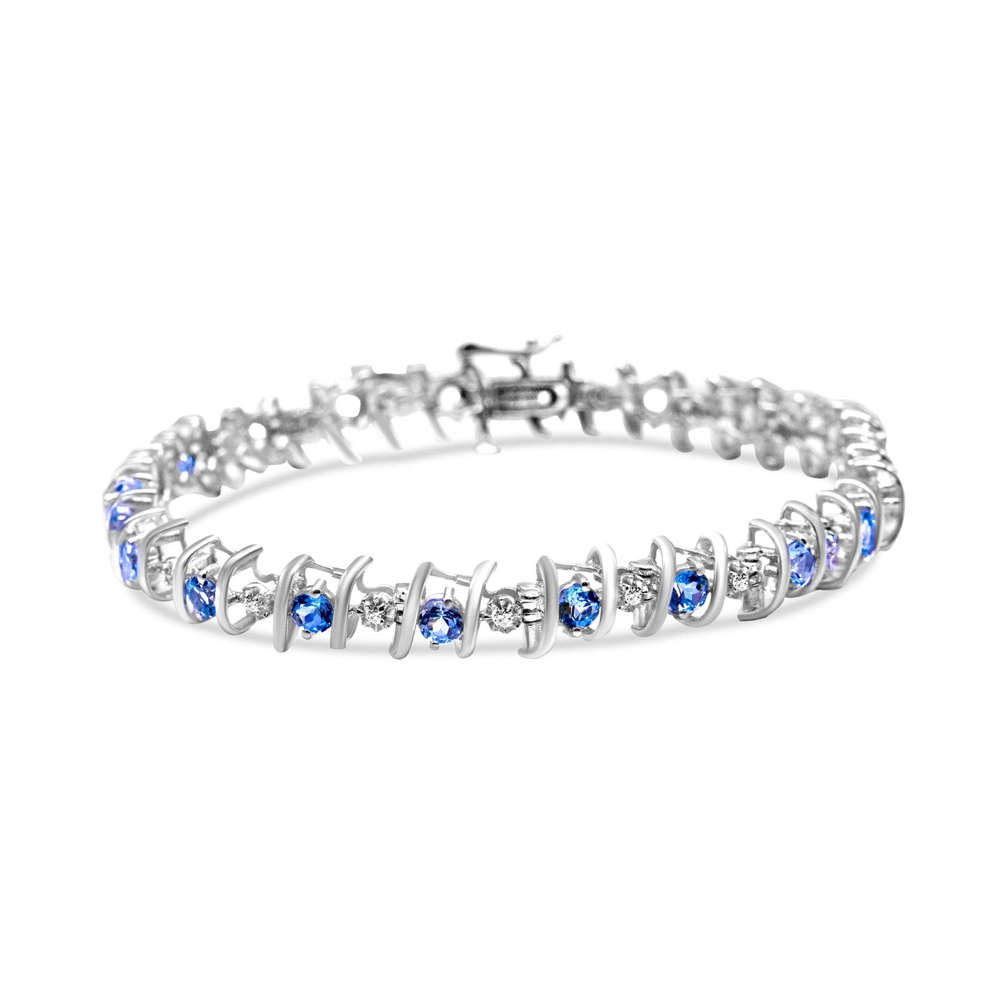 .925 Sterling Silver, Lab-Grown Gemstone And 1/6 Cttw Round Diamond Tennis Bracelet (H-I Color, I1-I2 Clarity) - Created Aquamarine, March Birthstone