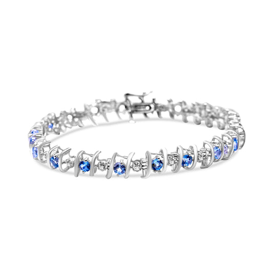 .925 Sterling Silver, Lab-Grown Gemstone And 1/6 Cttw Round Diamond Tennis Bracelet (H-I Color, I1-I2 Clarity) - Created Aquamarine, March Birthstone