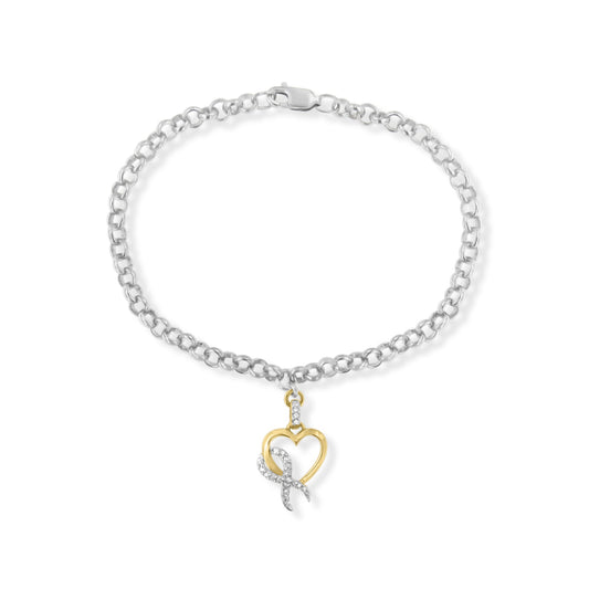 10K Yellow Gold 1/10 Cttw Diamond Awareness Ribbon & Heart Charm On 7" .925 Sterling Silver Rolo Bracelet (H-I Color, I1-I2 Clarity)