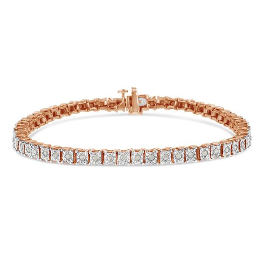 10K Rose Gold Over .925 Sterling Silver 1.0 Cttw Diamond Square Frame Miracle-Set Tennis Bracelet (I-J Color, I3 Clarity) - 8"