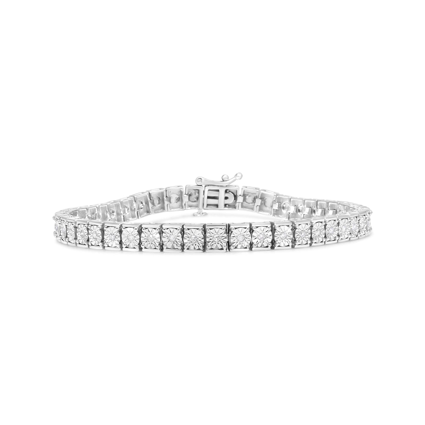 .925 Sterling Silver 1/4 Cttw Alternating Diamond And Beaded Box Link Tennis Bracelet (I-J Color, I2-I3 Clarity) - Size 7.25"