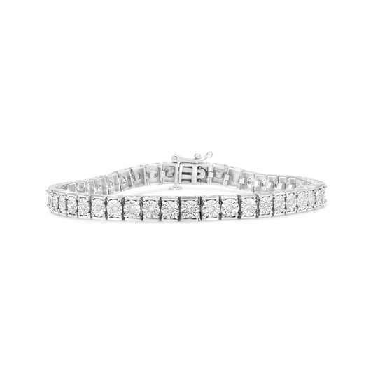 .925 Sterling Silver 1/4 Cttw Alternating Diamond And Beaded Box Link Tennis Bracelet (I-J Color, I2-I3 Clarity) - Size 7.25"