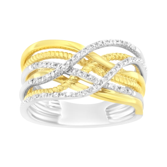 10K Yellow Gold Plated .925 Sterling Silver 1/10 Cttw Diamond Multi Row Crossover Ring Band (I-J Color, I1-I2 Clarity) - Size 6