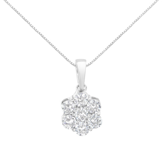 14K White Gold 1 Cttw Brilliant Round-Cut Diamond 7 Stone Flower 18" Pendant Necklace (F-G Color, Vs1-Vs2 Clarity)