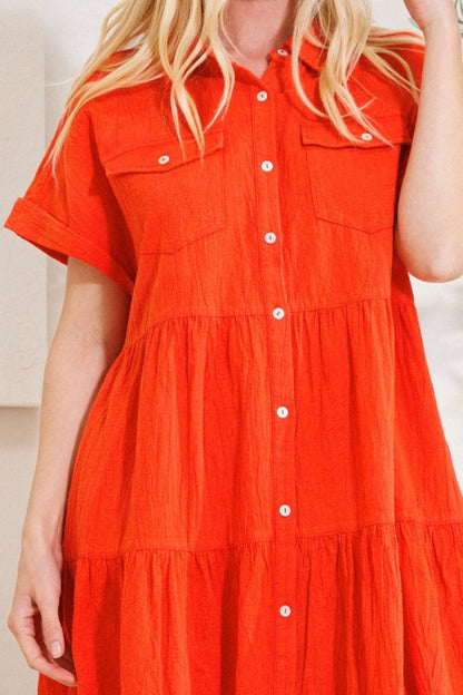ODDI Full Size Button Front Tiered Shirt Dress