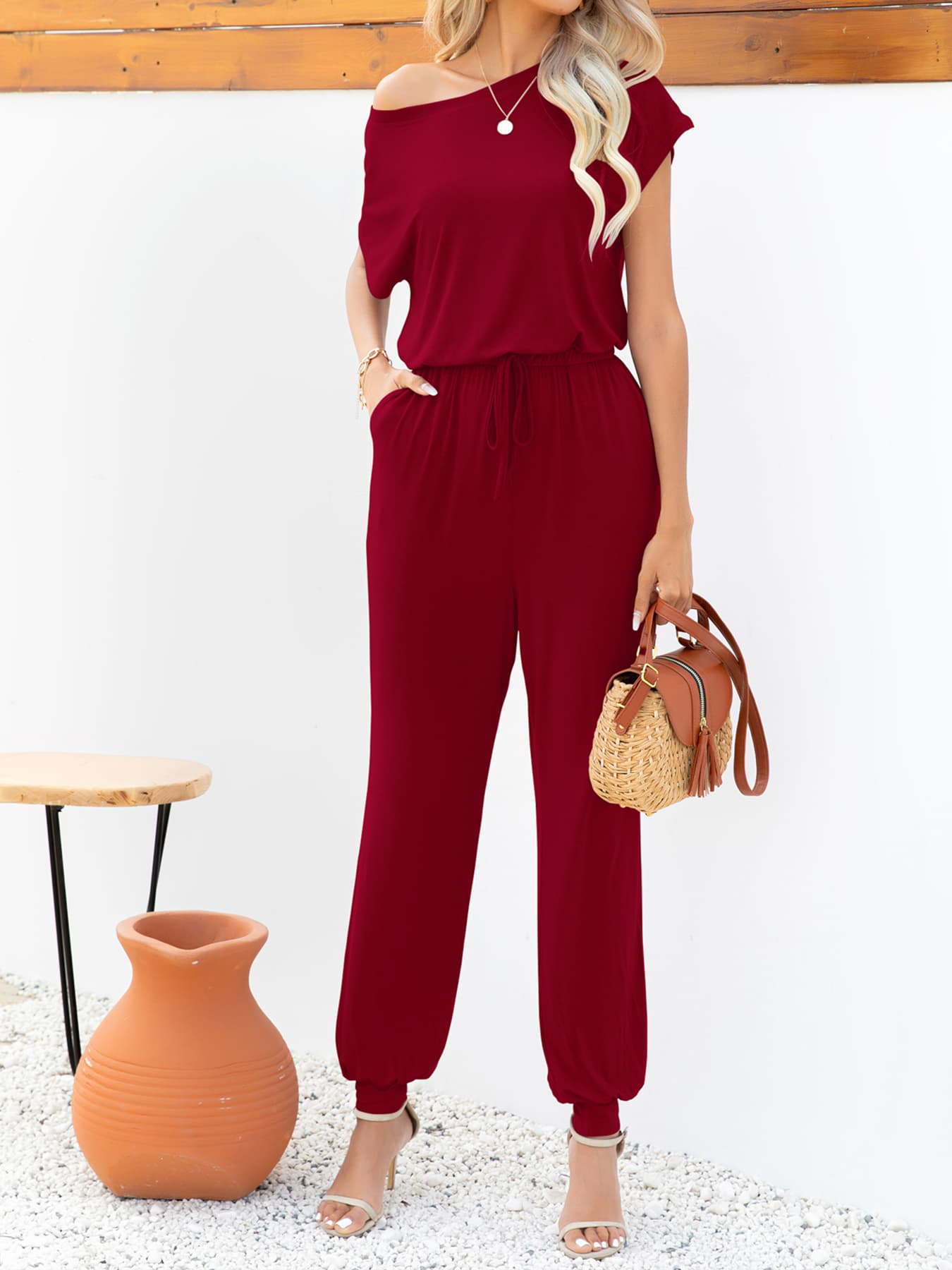 Boat Neck Short Sleeve Jumpsuit With Pockets