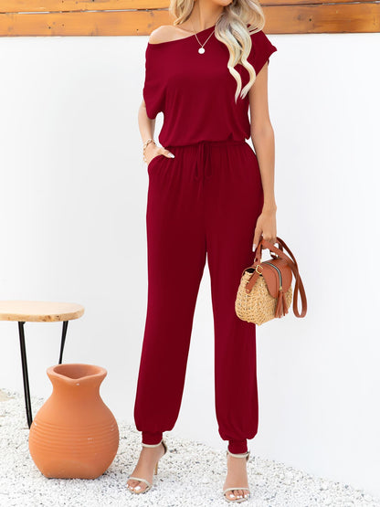Boat Neck Short Sleeve Jumpsuit With Pockets