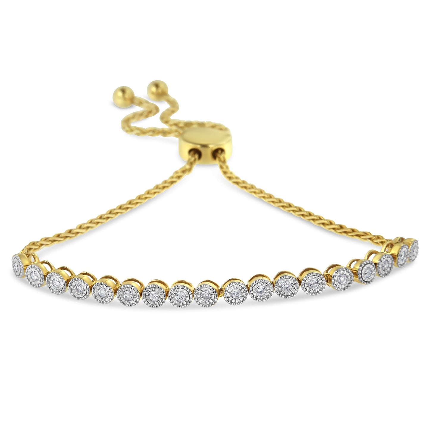 10K Yellow Gold Over .925 Sterling Silver Miracle-Set Diamond Accented 6”-9” Adjustable Beaded Tennis Bolo Bracelet (H-I Color, I2-I3 Clarity)
