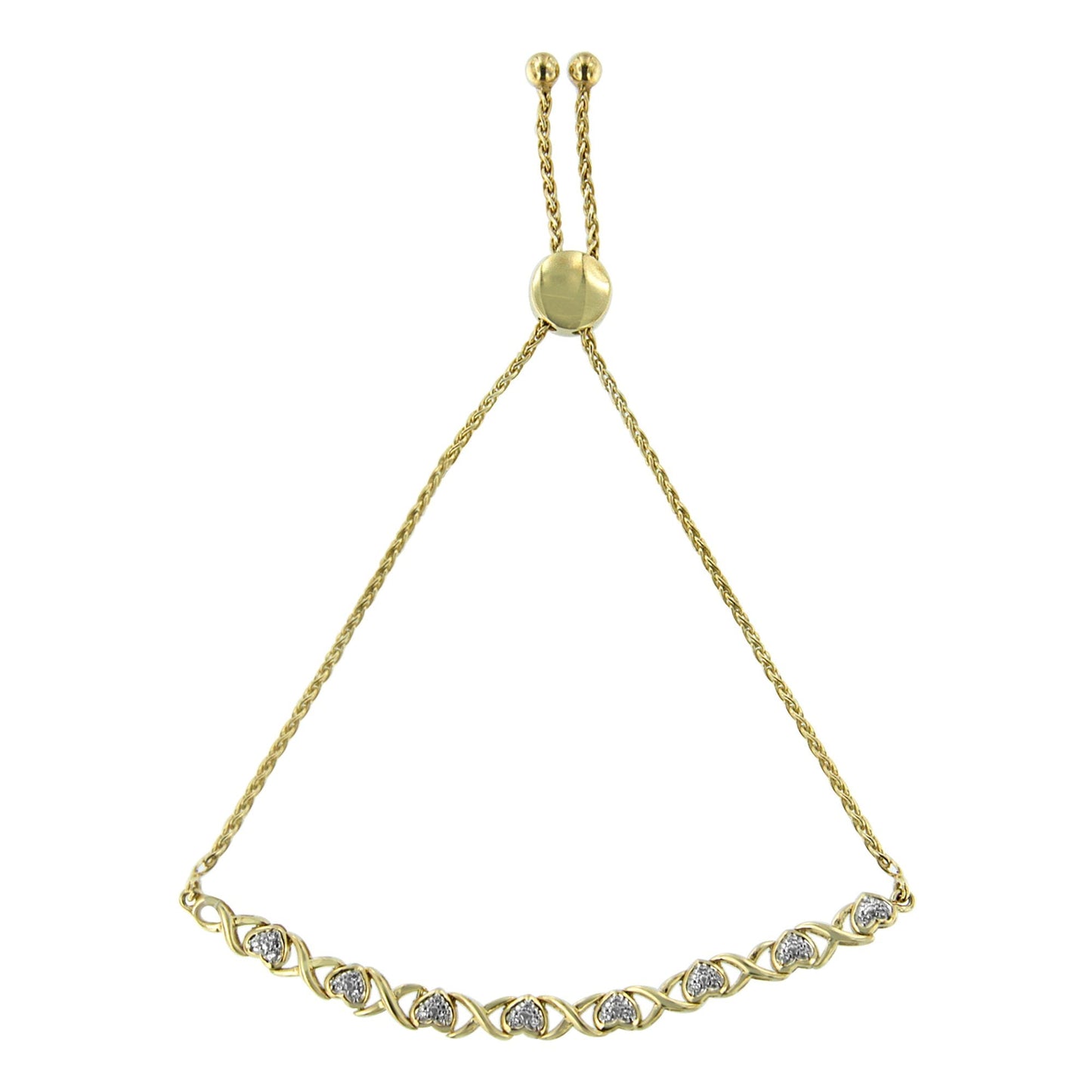 10K Yellow Gold Over .925 Sterling Silver 1/10 Cttw Diamond Heart And X-Link 6”-9” Adjustable Bolo Bracelet (H-I Color, I2-I3 Clarity)