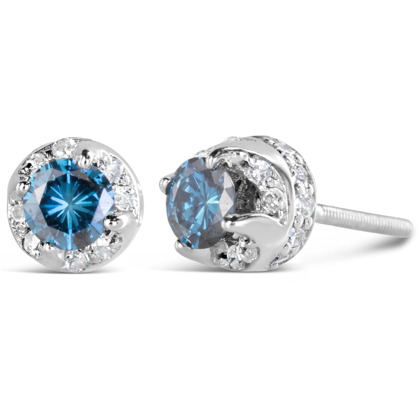 14K White Gold 1.00 Cttw Treated Blue And White Diamond Hidden Halo Stud Earrings (Blue/I-J Color, I2-I3 Clarity)