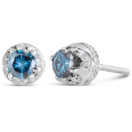 14K White Gold 1.00 Cttw Treated Blue And White Diamond Hidden Halo Stud Earrings (Blue/I-J Color, I2-I3 Clarity)