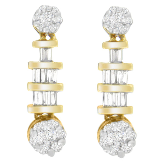14K Yellow Gold 3/4Ct. Tdw Round And Baguette-Cut Diamond Earrings(H-I,Si1-Si2)