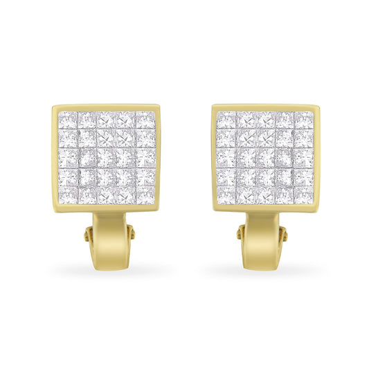 14K Yellow Gold 3-1/5 Cttw Princess Cut Diamond ¾ Square Invisible Set Grid Huggy Style Omega Back Stud Earrings (G-H Color, Vs1-Vs2 Clarity)