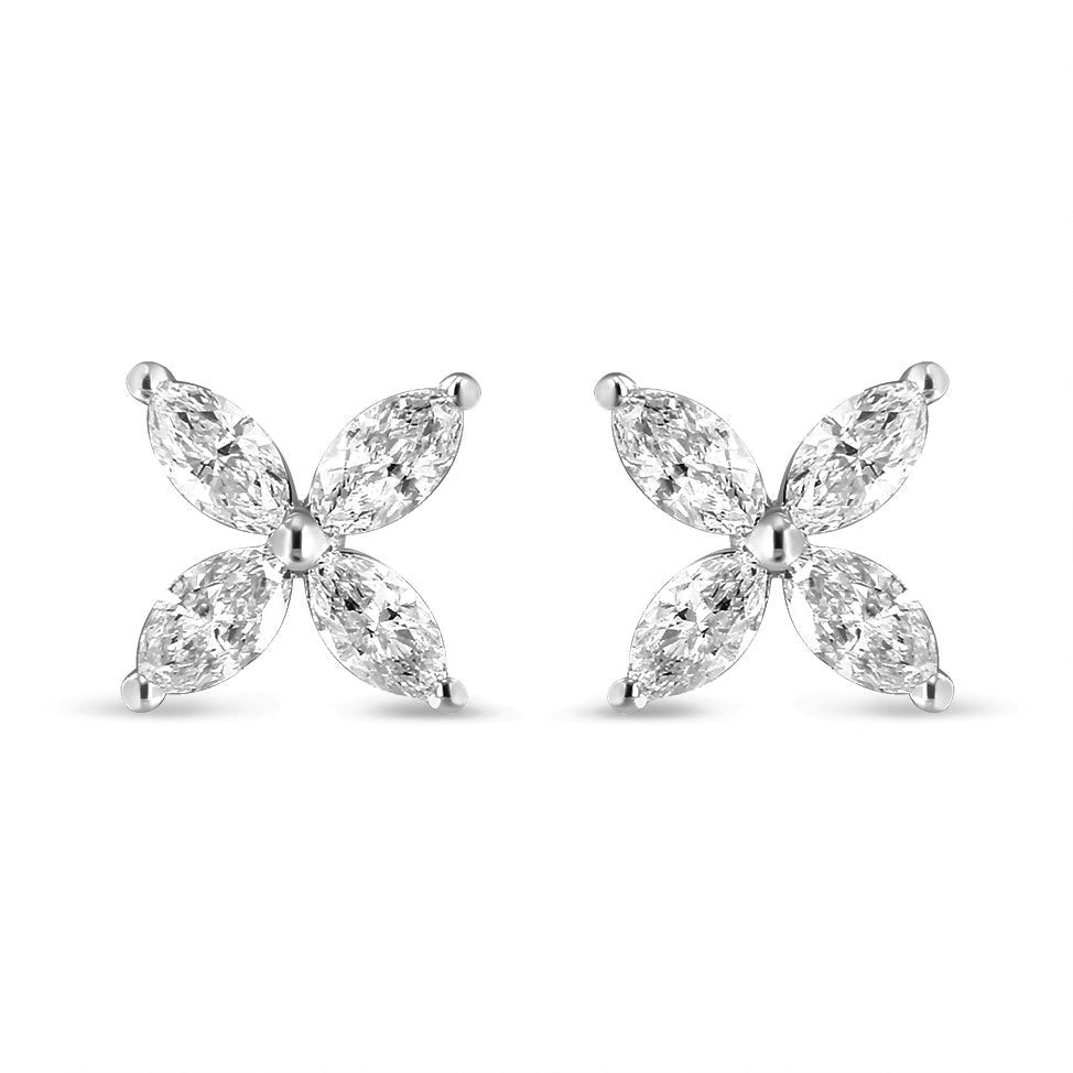 14K White Gold 1.0 Cttw Lab Grown Marquise Diamond 8 Stone Floral Leaf Stud Earrings (F-G Color, Vs2-Si1 Clarity)