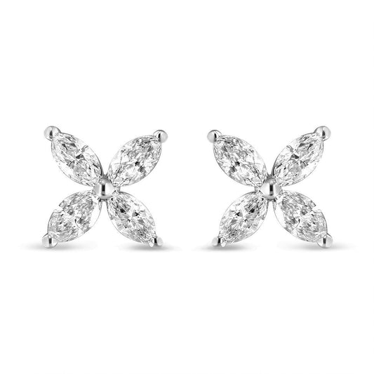 14K White Gold 1.0 Cttw Lab Grown Marquise Diamond 8 Stone Floral Leaf Stud Earrings (F-G Color, Vs2-Si1 Clarity)
