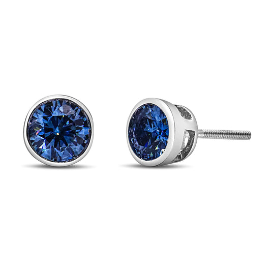 14K White Gold 1.0 Cttw Blue Lab Grown Diamond Screw-Back Classic Bezel Solitaire Stud Earrings (Blue Color, Vs2-Si1 Clarity)