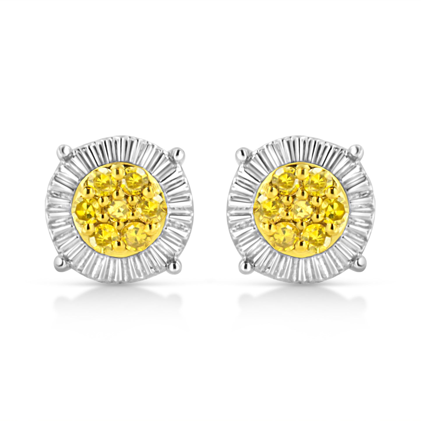 10K Yellow Gold Plated .925 Sterling Silver 1/4 Cttw Yellow Color Treated Diamond Cluster Flower Earrings (Yellow Color, I2-I3 Clarity)