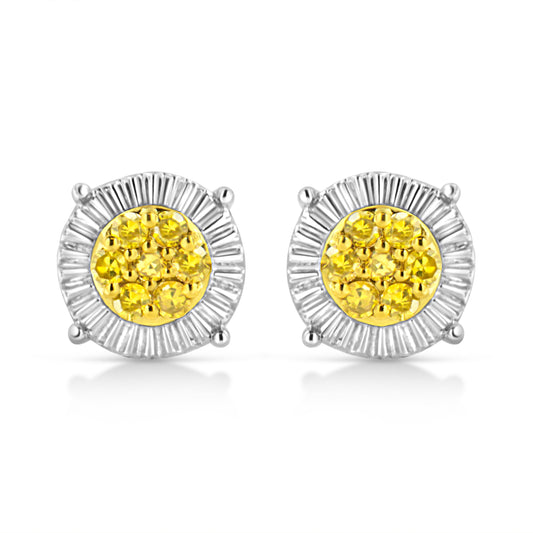 10K Yellow Gold Plated .925 Sterling Silver 1/4 Cttw Yellow Color Treated Diamond Cluster Flower Earrings (Yellow Color, I2-I3 Clarity)
