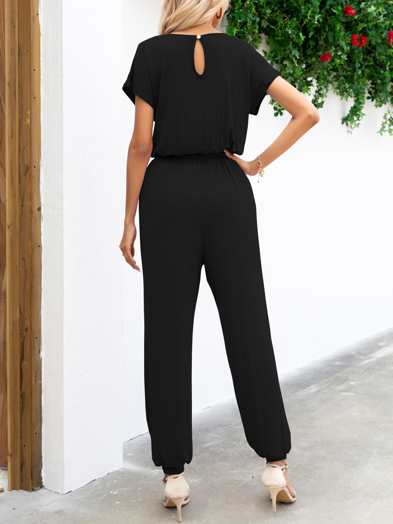 Boat Neck Short Sleeve Jumpsuit With Pockets
