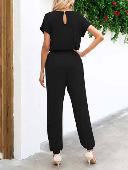 Boat Neck Short Sleeve Jumpsuit With Pockets