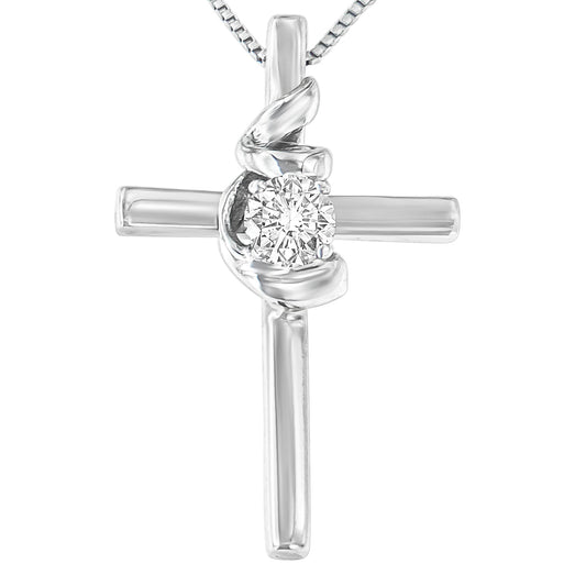 .925 Sterling Silver Prong Set Round-Cut Solitaire Diamond Accent Cross 18" Pendant Necklace (H-I Color, Si2-I1 Clarity)