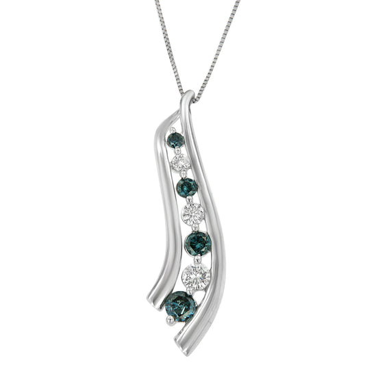 14K White Gold White And Color Treated Blue Round Cut Diamond Swoop Pendant Necklace (1.00 Cttw, H-I Color, I1-I2 Clarity)