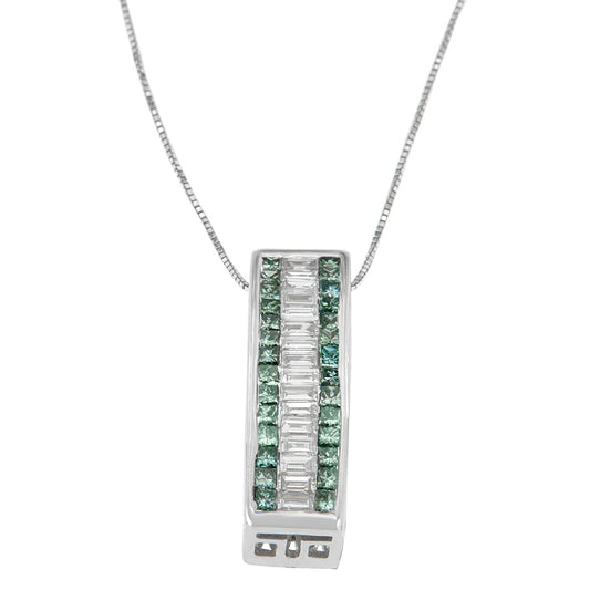14K White Gold 1 1/3Ct Cttw Baguette And Princess Cut Treated Blue Diamond Halo Pendant Necklace (H-I, Si1-Si2)
