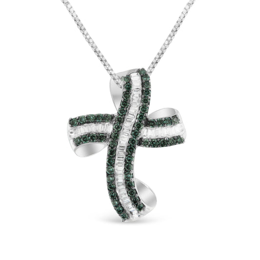 14K White Gold 1 Cttw Treated Blue Baguette Diamond Curved Cross Pendant Necklace (H-I, Si2-Si1)
