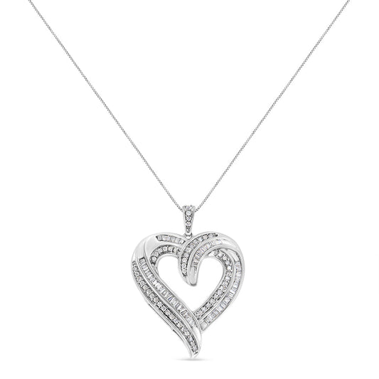 .925 Sterling Silver 3/4 Cttw Round And Baguette-Cut Diamond Open Heart 18" Pendant Necklace (I-J Color, I2-I3 Clarity)