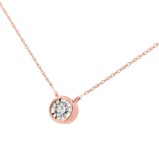 10K Rose Gold 1/5 Cttw Round Brilliant-Cut Diamond Modern Bezel-Set Solitaire Pendant Necklace (J-K Color, I2-I3 Clarity) - 16" With 2" Extender