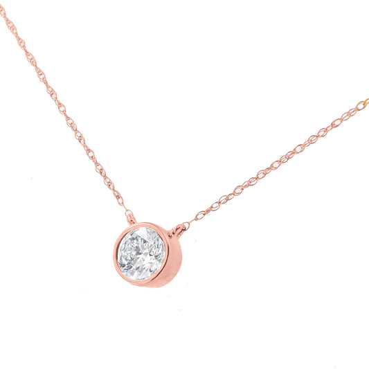 Ags Certified 10K Rose Gold 1/10 Cttw Bezel Set Round Diamond Solitaire 16-18" Adjustable Pendant Necklace (G-H Color, Si1-Si2 Clarity)