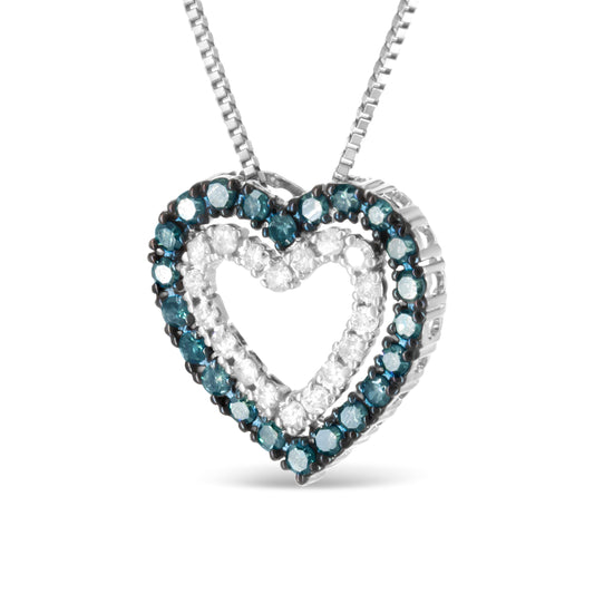 .925 Sterling Silver 1/2 Cttw Treated Blue And White Diamond Double Heart 18" Pendant Necklace (Blue/I-J Color, I2-I3 Clarity)
