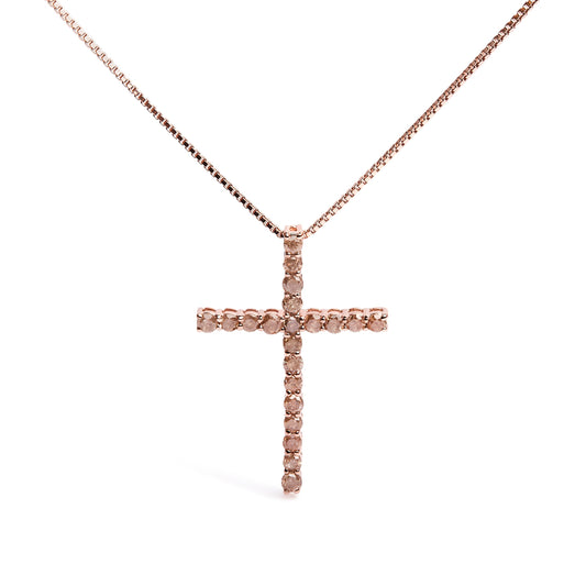 14K Rose Gold Plated .925 Sterling Silver 1.0 Cttw Champagne Diamond Gold Cross Pendant Necklace For Women (Champagne Color, I1-I2 Clarity)- 18 Inch
