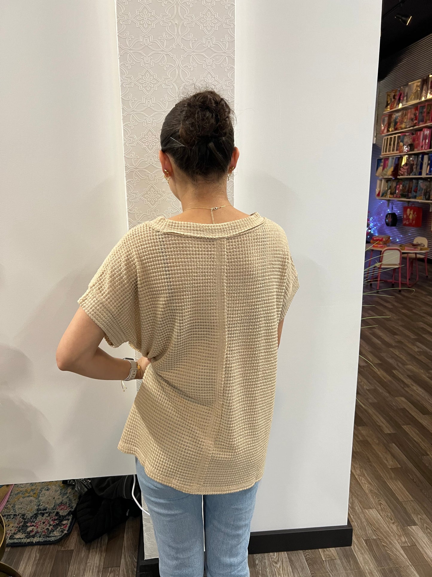 Brushed Waffle Exposed-Seam Short Sleeve Top