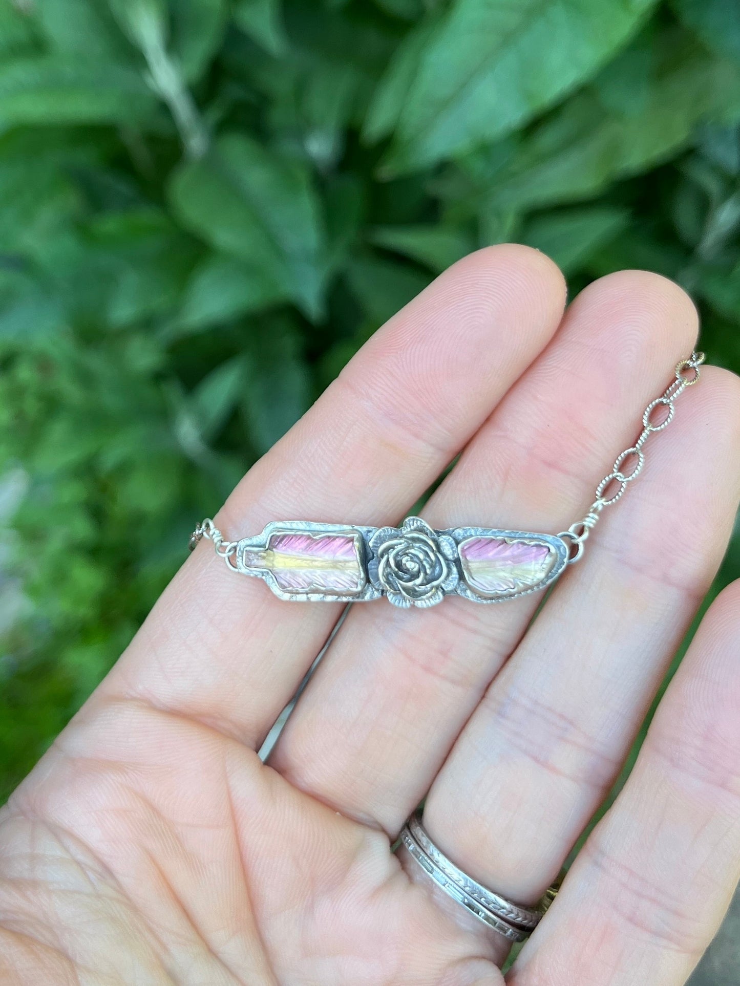 Bi-color Tourmaline Broken Feather Necklace with Flower Adornment ￼