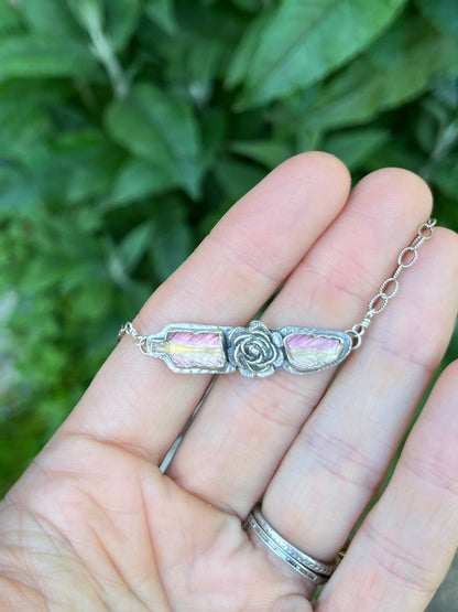 Bi-color Tourmaline Broken Feather Necklace with Flower Adornment ￼
