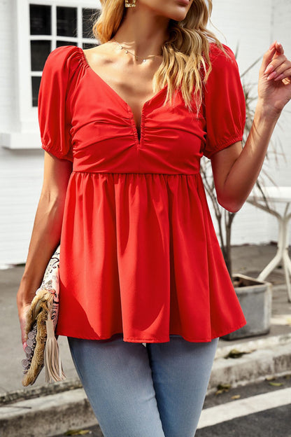 Notched Neck Smocked Babydoll Top
