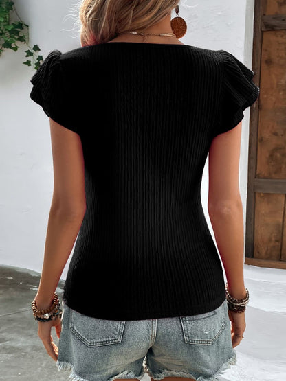 Textured Square Neck Flutter Sleeve Blouse