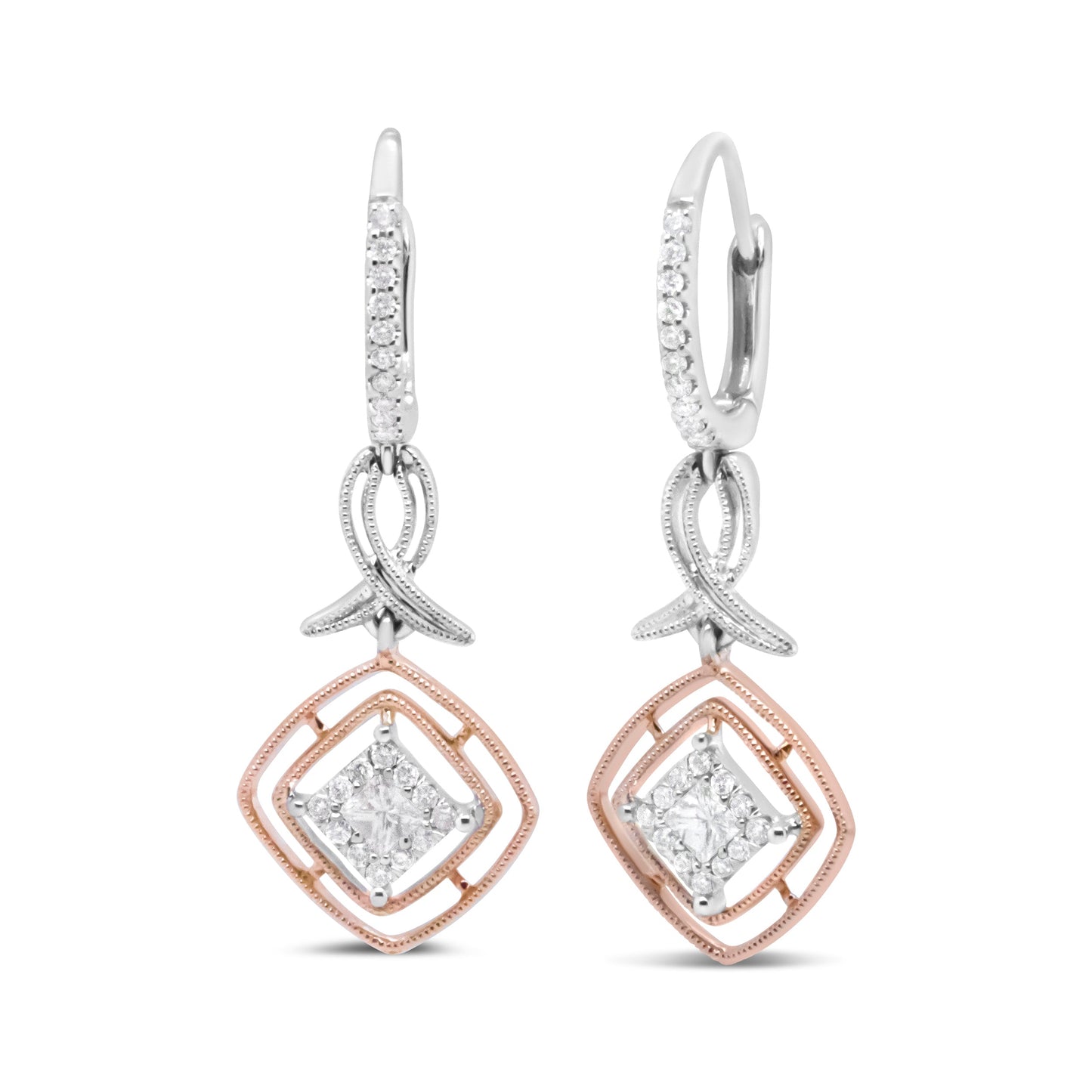 14K White And Rose Gold 1/2 Cttw Round And Princess-Cut Diamond Openwork Marquise Ribbon Dangle Earring (G-H Color, Si2-I1 Clarity)