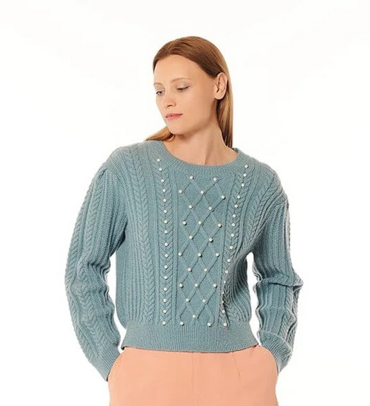 Bead Embellished Long Sleeve Cable-Knit Sweater