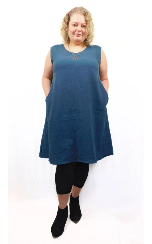 Brenda Laine 100% LINEN Long Sleeveless Dress w Pockets - Petrol Blue