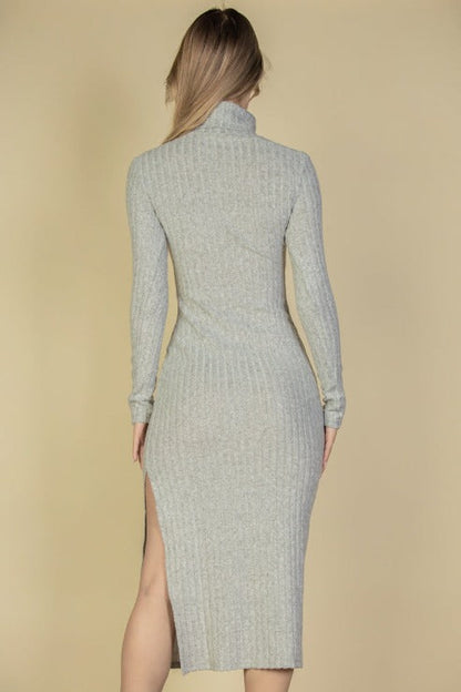 Sweater-Knit Fuzzy Turtle Neck Split Thigh Dress (CAPELLA)