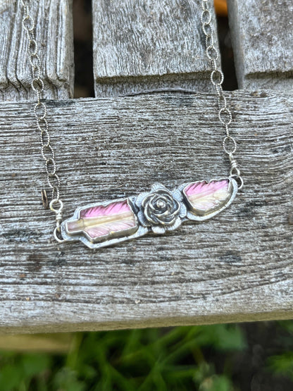 Bi-color Tourmaline Broken Feather Necklace with Flower Adornment ￼