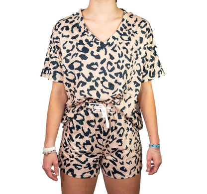 Women's Leopard Print Drawstring Top & Shorts Set