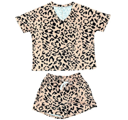 Women's Leopard Print Drawstring Top & Shorts Set