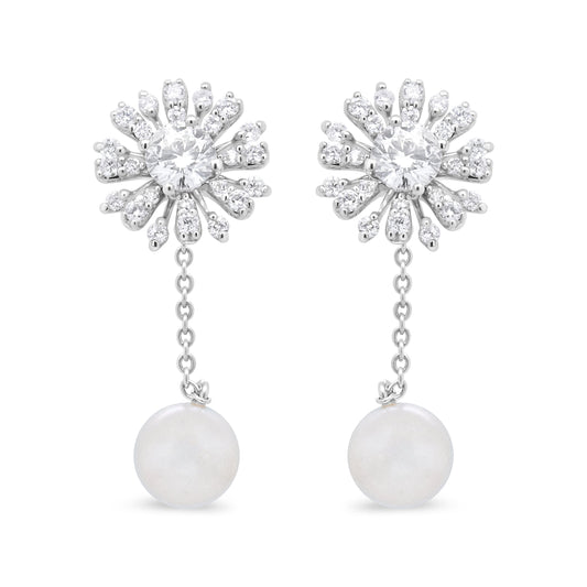 18K White Gold 1.00 Cttw Diamond And 3.5Mm Cultured Freshwater Pearl Floral Drop Stud Earrings (F-G Color, Si2-I1 Clarity)
